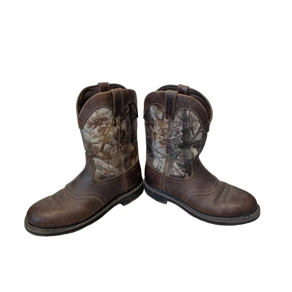 Justin WK4675 Men 11D Brown Leather Camo Waterproof Western Work Boots Pull On